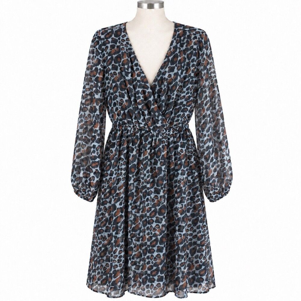 Marella Sport NWT Leopard Print Wrap Dress Size 8 Gray Brown Long Sleeve